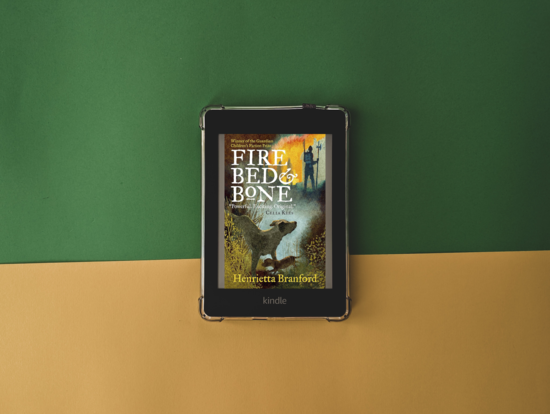 capa do livro fire, bed, and bone, a ilustração de um cachorro olhando para um guarda medieval de armadura